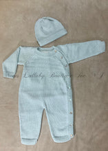 Load image into Gallery viewer, Boys one piece romper with matching cap Pima cotton handmade knit sky blue 