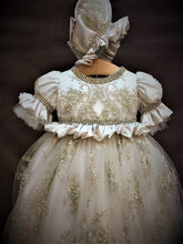 Load image into Gallery viewer, Sabrina Girls Regal Couture Christening / Baptism Gown champagne lace,orster satin &amp; rhinestone