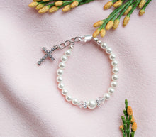 Load image into Gallery viewer, Sterling Silver Pearl Cross Baptism Gift Communion Bracelet: Medium 1-5 Years