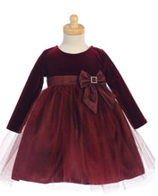 Load image into Gallery viewer, Stretch velvet &amp; Glitter tulle Burgandy dress size 18-24 month