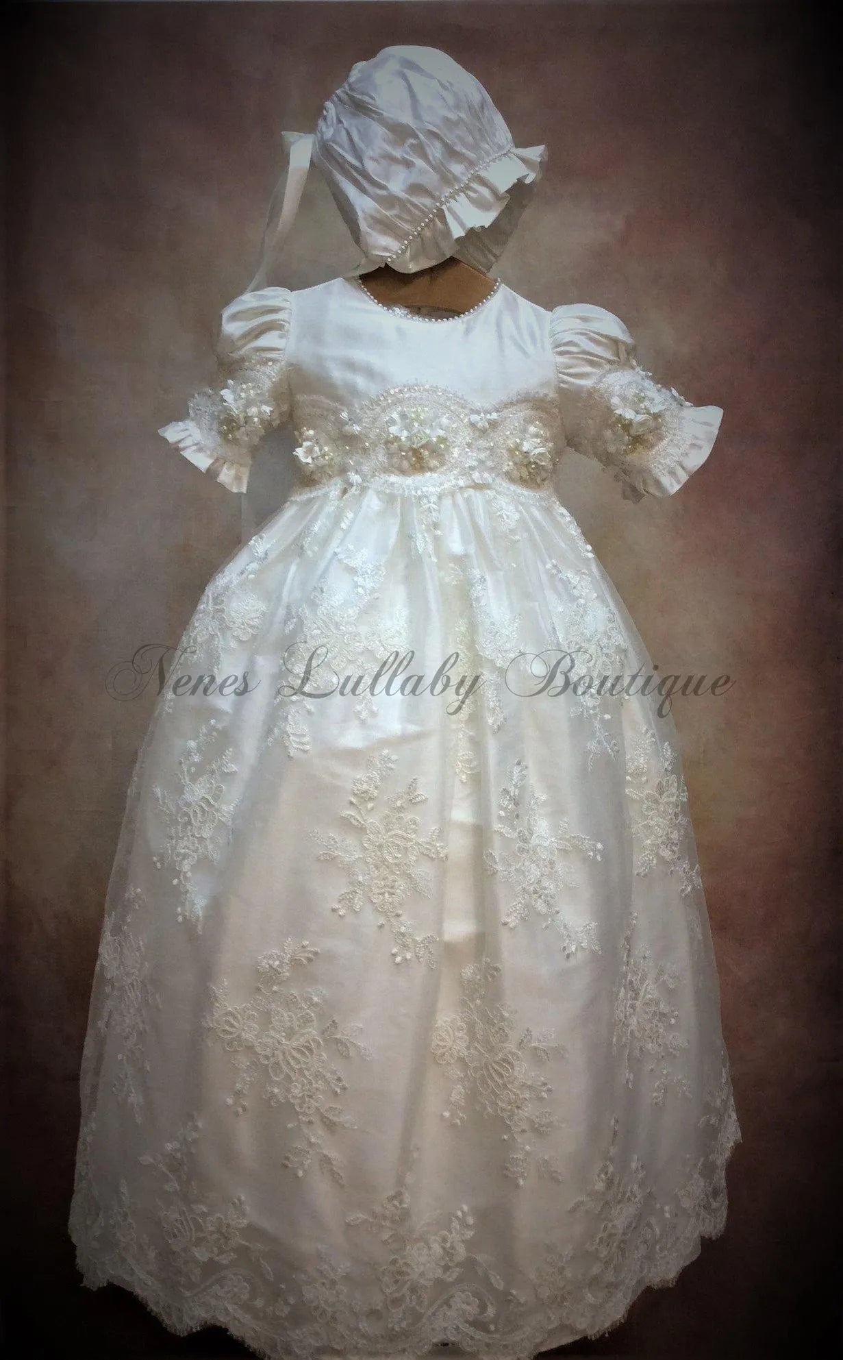 chinese dress ladies Vintage Ivory Lace Baptism Dress with Baptism Lace Bonnet French Ivory / 2T main image 1
