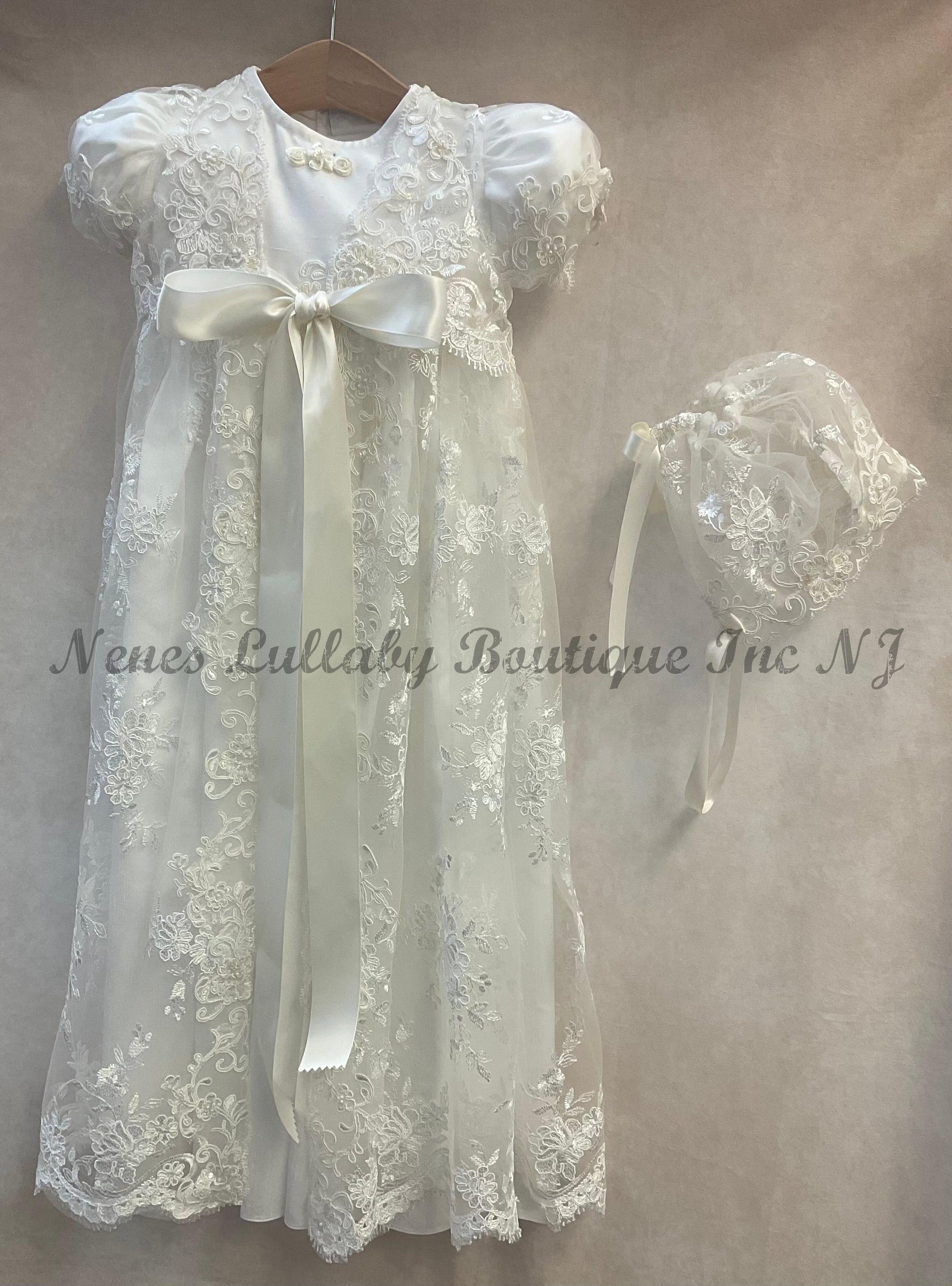 Ivory christening gown, with lace coat and sheer bonnet by Piccolo Bacio 
