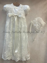 Load image into Gallery viewer, Ivory christening gown, with lace coat and sheer bonnet by Piccolo Bacio 