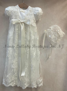 Ivory christening gown, with lace coat and sheer bonnet by Piccolo Bacio 