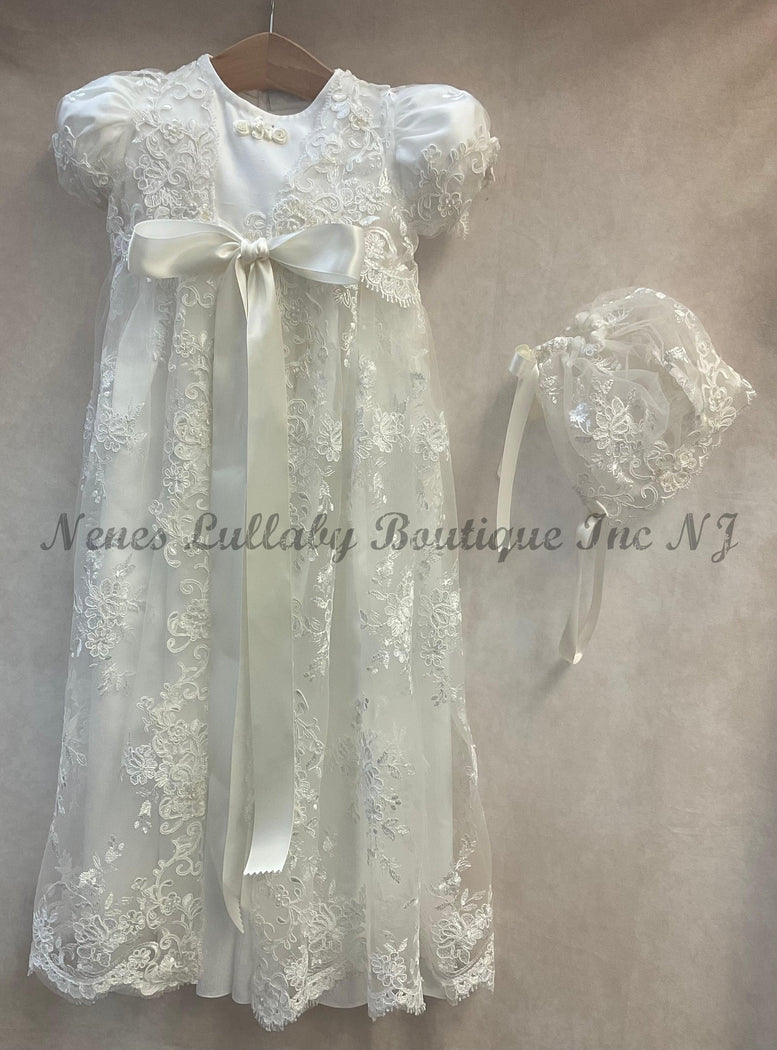 Ivory christening gown, with lace coat and sheer bonnet by Piccolo Bacio 