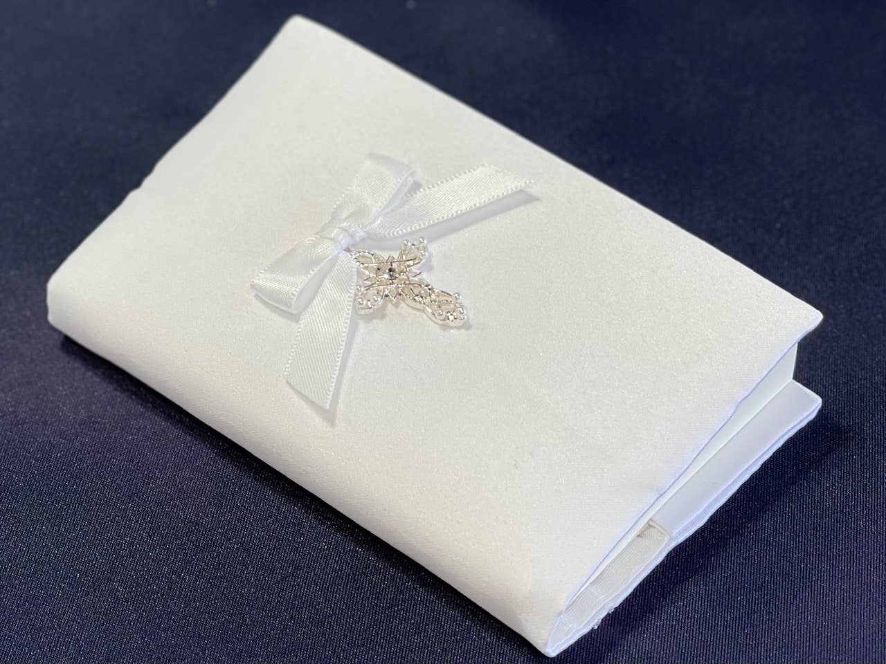 White Satin Baby Bible W/ Our Fine Crystal Cross