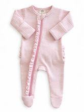 Load image into Gallery viewer, Pink Stripe / Ribbed Frill 2-Way Zip Footie: 3-6M