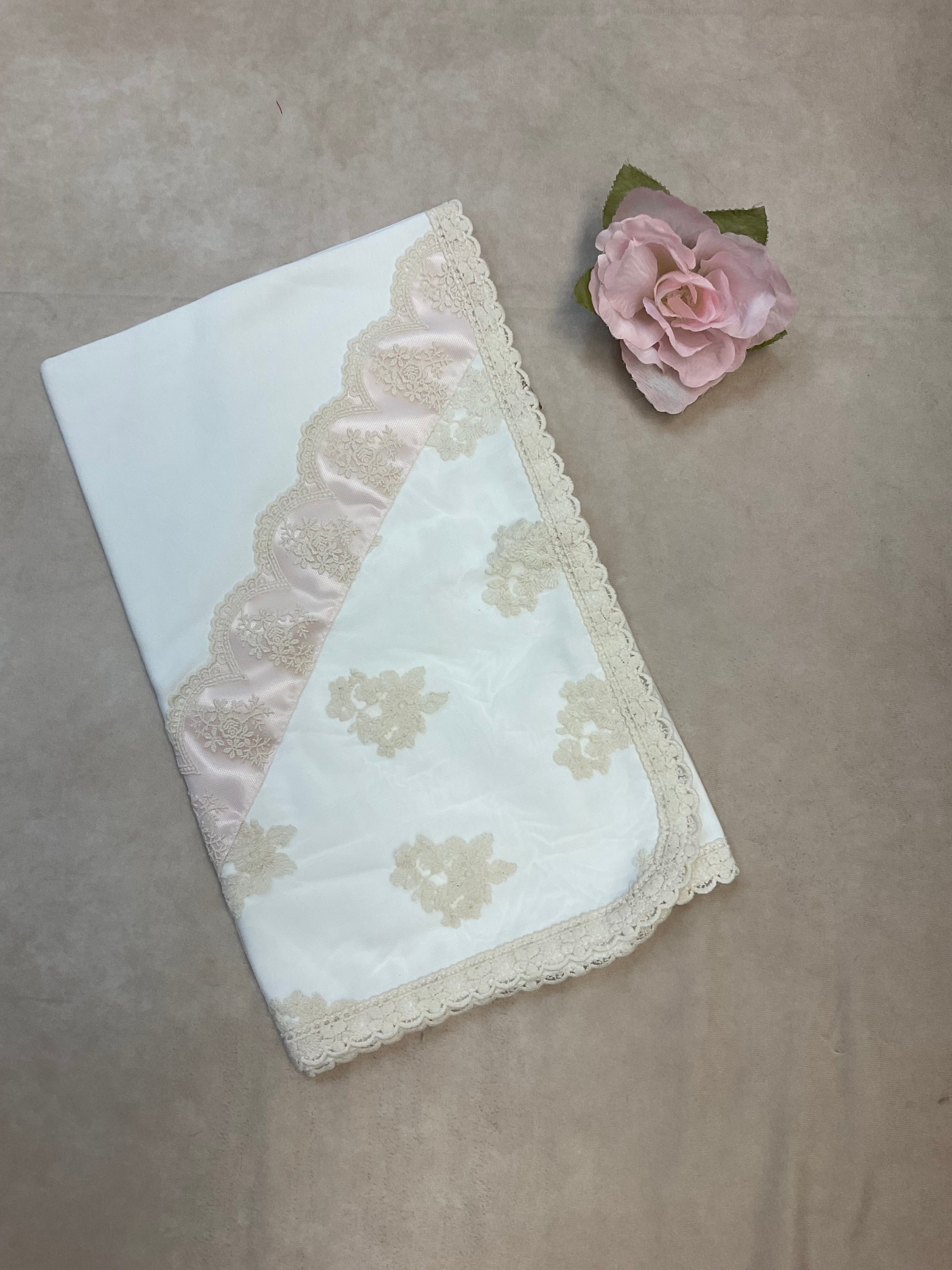 pink/ivory/white satin ribbon layette blanket