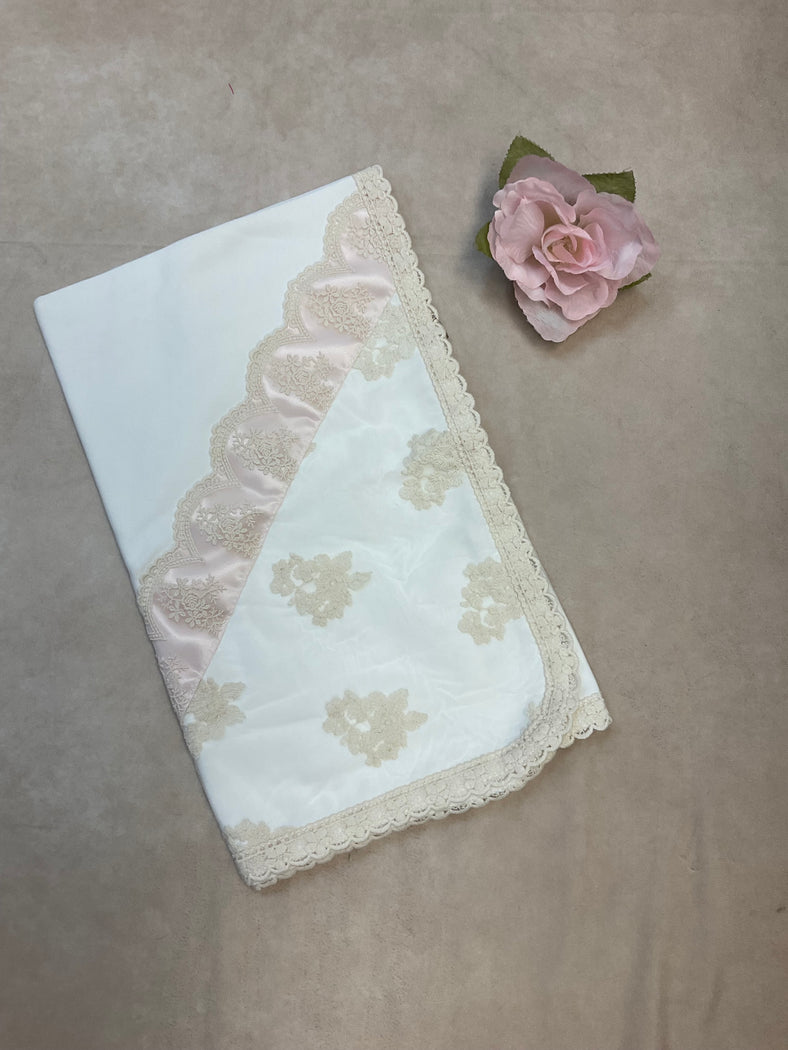 pink/ivory/white satin ribbon layette blanket
