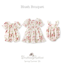 Load image into Gallery viewer, Tesa Babe - Blush Bouquet Smocked Bodice Puff Sleeve Baby Girl Romper: 6-9M