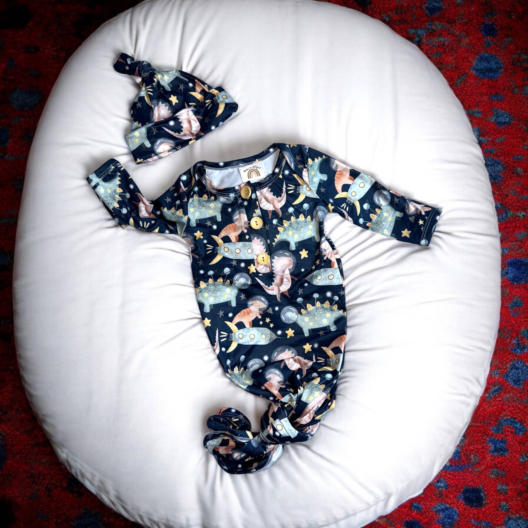 Baby in Styles - Dino astronauts knotted gown and hat set. - Nenes Lullaby Boutique Inc