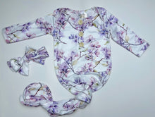 Load image into Gallery viewer, Baby in Styles - Dainty purple pastel flowers knotted gown and headband set - Nenes Lullaby Boutique Inc