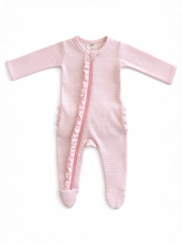 Load image into Gallery viewer, Pink Stripe / Ribbed Frill 2-Way Zip Footie: 0-3M