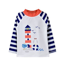 Load image into Gallery viewer, Flap Happy - Kids UPF50+ Graphic Rash Guard Swim Top for Boys (H): Painted Palms Blue / 6M