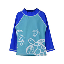 Load image into Gallery viewer, Flap Happy - Kids UPF50+ Graphic Rash Guard Swim Top for Boys (H): Painted Palms Blue / 2