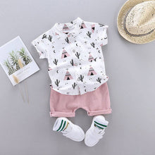 Load image into Gallery viewer, Cactus Print Short-sleeve Shirt and Pants Set: Blue / 0-3 Months