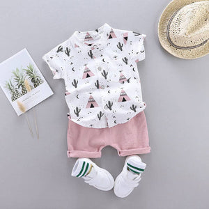 Cactus Print Short-sleeve Shirt and Pants Set: Blue / 12-18 Months