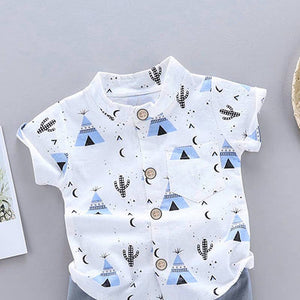 Cactus Print Short-sleeve Shirt and Pants Set: Blue / 0-3 Months