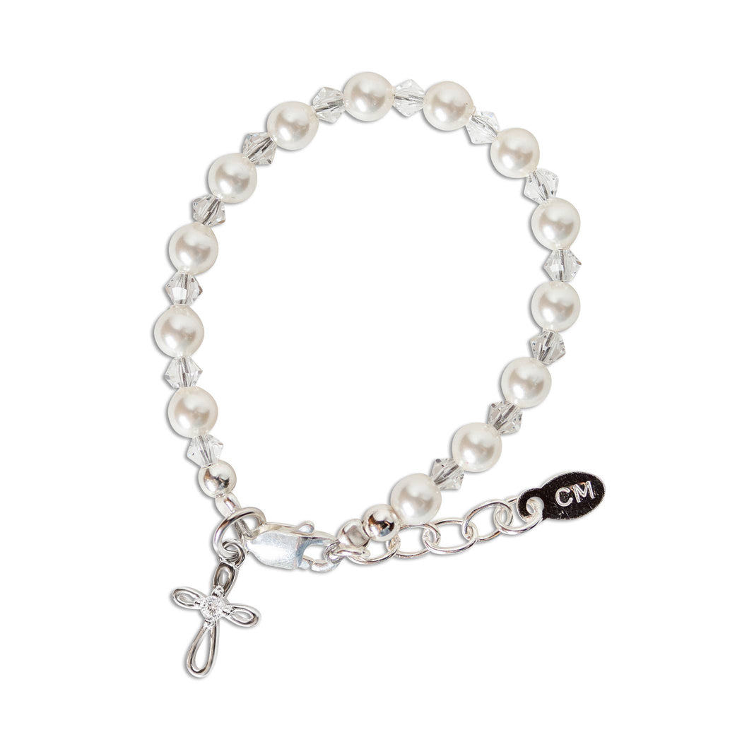 Silver Pearl Cross Baby Bracelet Baptism & Communion Gift: Small 0-12m - Nenes Lullaby Boutique Inc