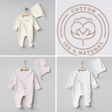 Load image into Gallery viewer, Omnis Pura - Elegant Lace Pleated Girl&#39;s Newborn Onesie &amp; Bonnet Set: Cream / 0-3M - Nenes Lullaby Boutique Inc