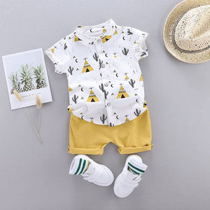 Cactus Print Short-sleeve Shirt and Pants Set: Blue / 12-18 Months