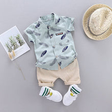 Load image into Gallery viewer, Leaf Print Short-sleeve Shirt and Pants Set: 0-3 Months / Blue
