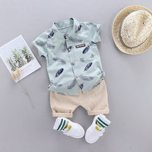 Load image into Gallery viewer, Leaf Print Short-sleeve Shirt and Pants Set: 9-12 Months / Blue