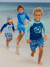 Load image into Gallery viewer, Flap Happy - Kids UPF50+ Graphic Rash Guard Swim Top for Boys (H): Painted Palms Blue / 4