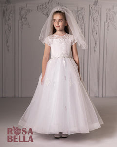 RB651 Lace  Satin & Tulle  illusion top full tea length skirt Communion dress by Rosa Bella