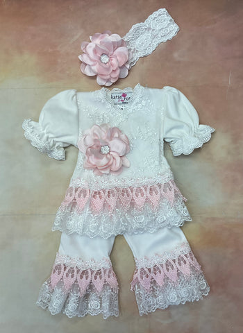 Aria Lace baby layette set two piece with matching headband