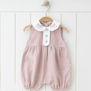 Girl Natural Linen Embrodried Romper 0-12M: 9-12M / Rose