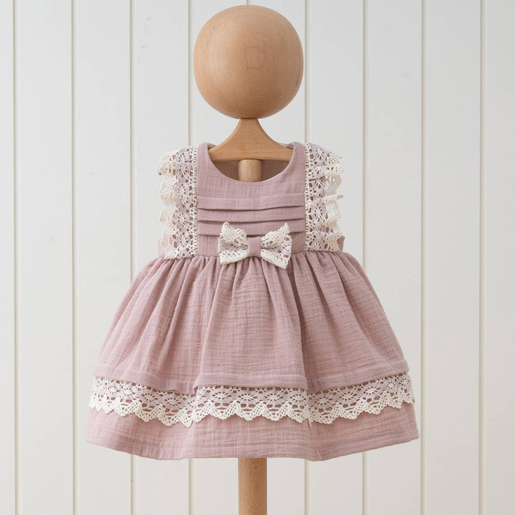 Girl Natural Lace Design Sleeveless Elegant Muslin Dress: Rose / 3-6M