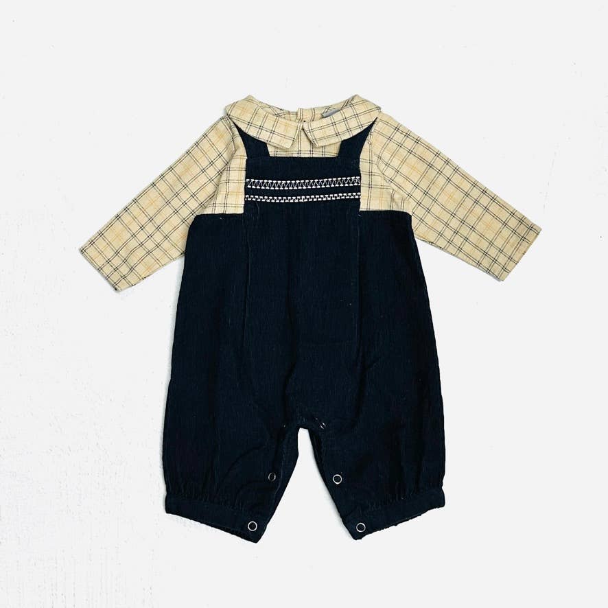 Embroidered Corduroy Baby Overall+Gingham Shirt Top(Organic)