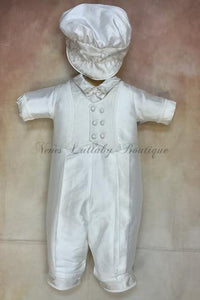 PB_Mat_SK_SS_KN or LP boy Silk Christening Romper with matching newsboy cap-Piccolo Bacio Christening-Nenes Lullaby Boutique Inc