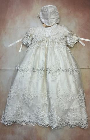 Trina Girls Silk Lace Christening Gowns Dress w/matching coat by Piccolo Bacio Couture - Nenes Lullaby Boutique Inc