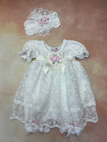 Alessandra Baby Girl Lace Bloomer Dress/Applique with matching headband