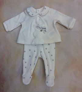 So so Two piece baby girl cream & gray dot baby footed layette piece with bunny accent Style# 2501-Mayoral-Nenes Lullaby Boutique Inc