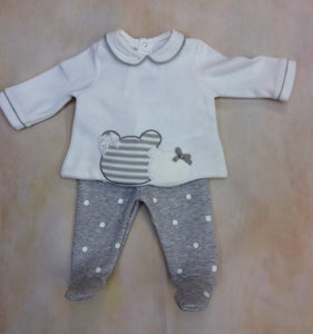 Little Girl Cream Velvel & Gray White Dot footed layette 2 piece set 2510-Mayoral-Nenes Lullaby Boutique Inc