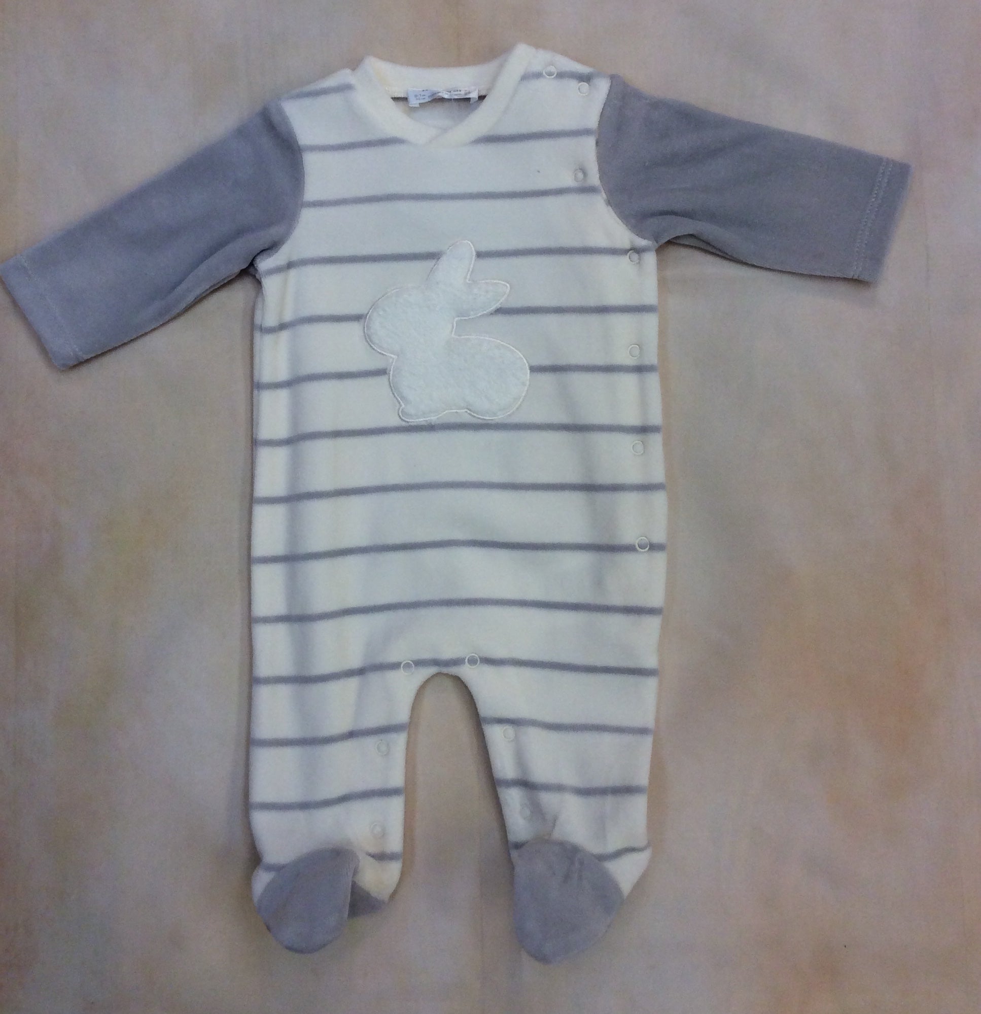 Gray & Cream baby boy stripe with bunny Velvet & footed Style #2716a-Mayoral-Nenes Lullaby Boutique Inc
