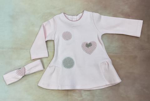 Infant girl baby pink & tan  knit dress hearts & circles
