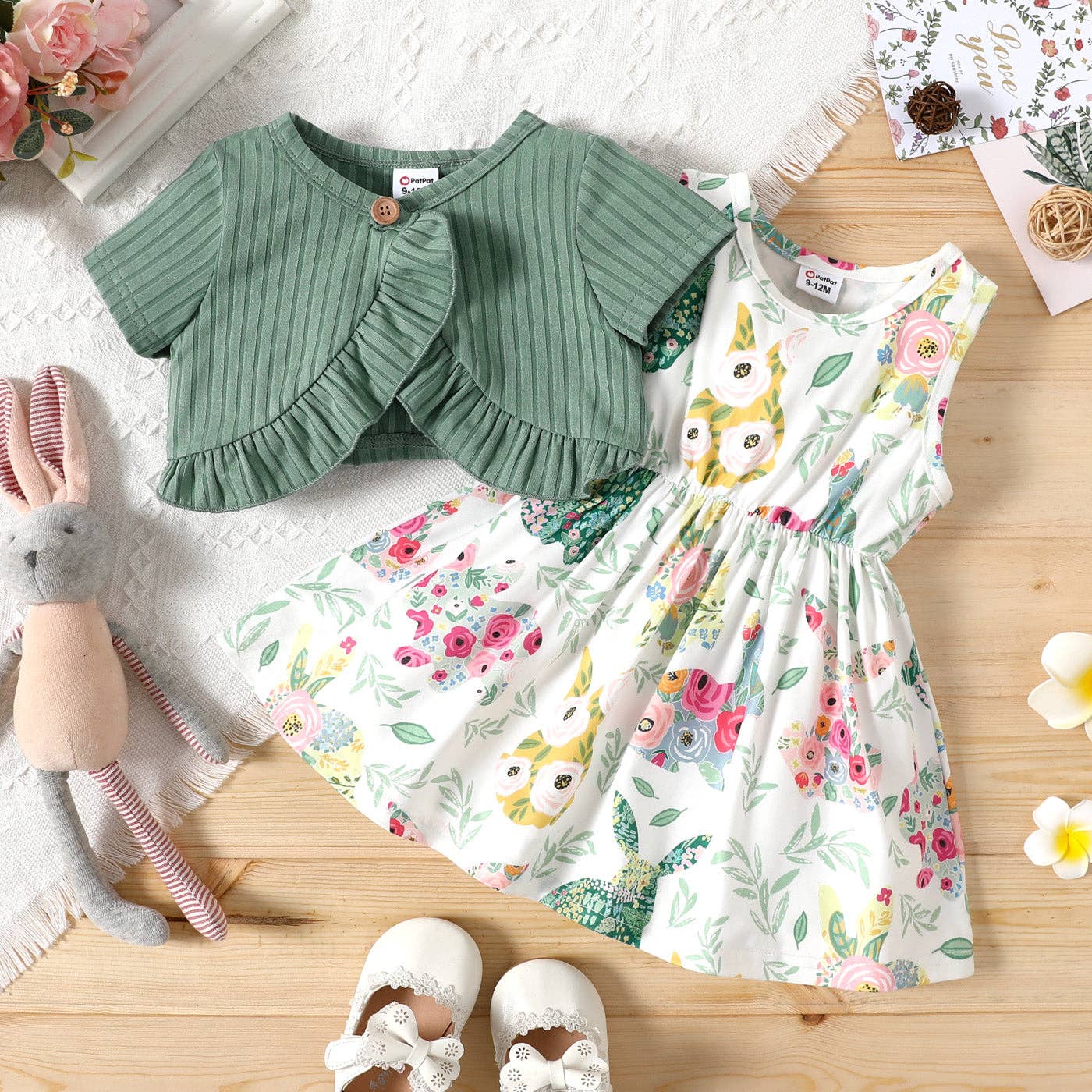 2pcs Baby Girl Solid Ribbed Short-sleeve Ruffle Top & Dress: GrayGreen / 12-18 Months