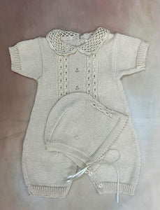 ATKSP23 Ivory pima cotton infant girl knit romper with crochet collar & embroidered flowers-Private Label-Nenes Lullaby Boutique Inc