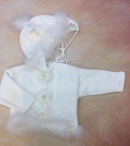 CK637CG Baby Girl White Cardigan and Hat set Jewel pearl button/ white marabou trim-Gita Accessories-Nenes Lullaby Boutique Inc