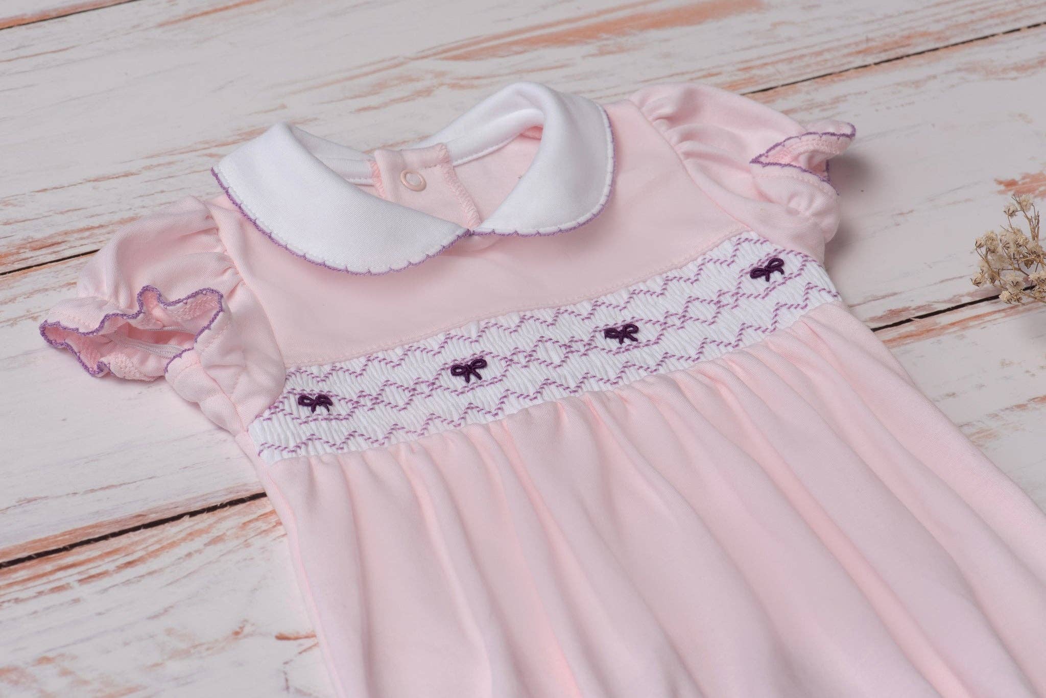 Camellia Bows Smocked Baby Romper: 9M