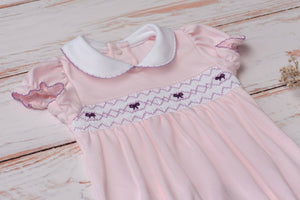 Camellia Bows Smocked Baby Romper: 9M