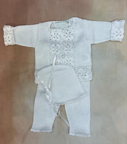 PVG12_W infant pima cotton white hand crochet top pant set with matching bonnet-Private Label-Nenes Lullaby Boutique Inc