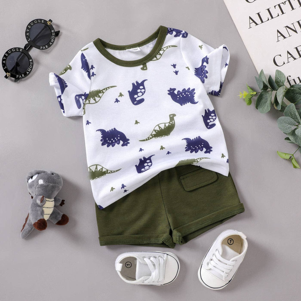 2pcs Baby Boy All Over Dinosaur Tee  Shorts Set: 9-12 Months / Army green