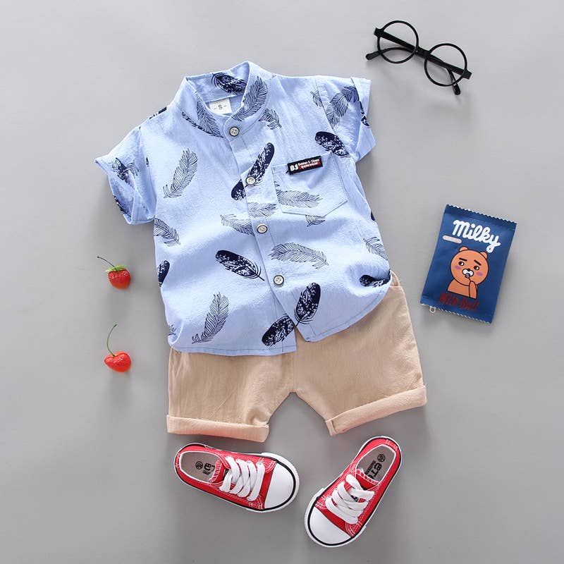 Leaf Print Short-sleeve Shirt and Pants Set: 6-9 Months / Blue