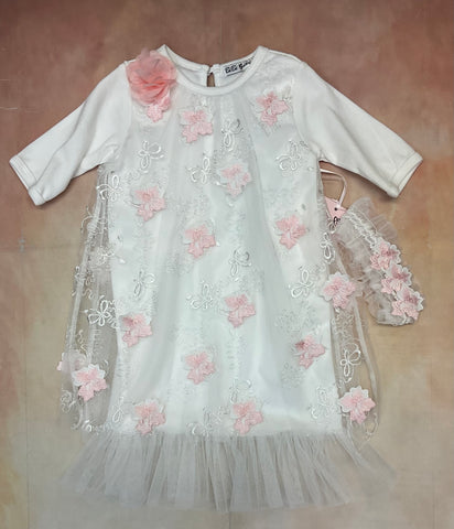 Infant girl baby layette gown with 3D Floral accent over lace w/ matching headband