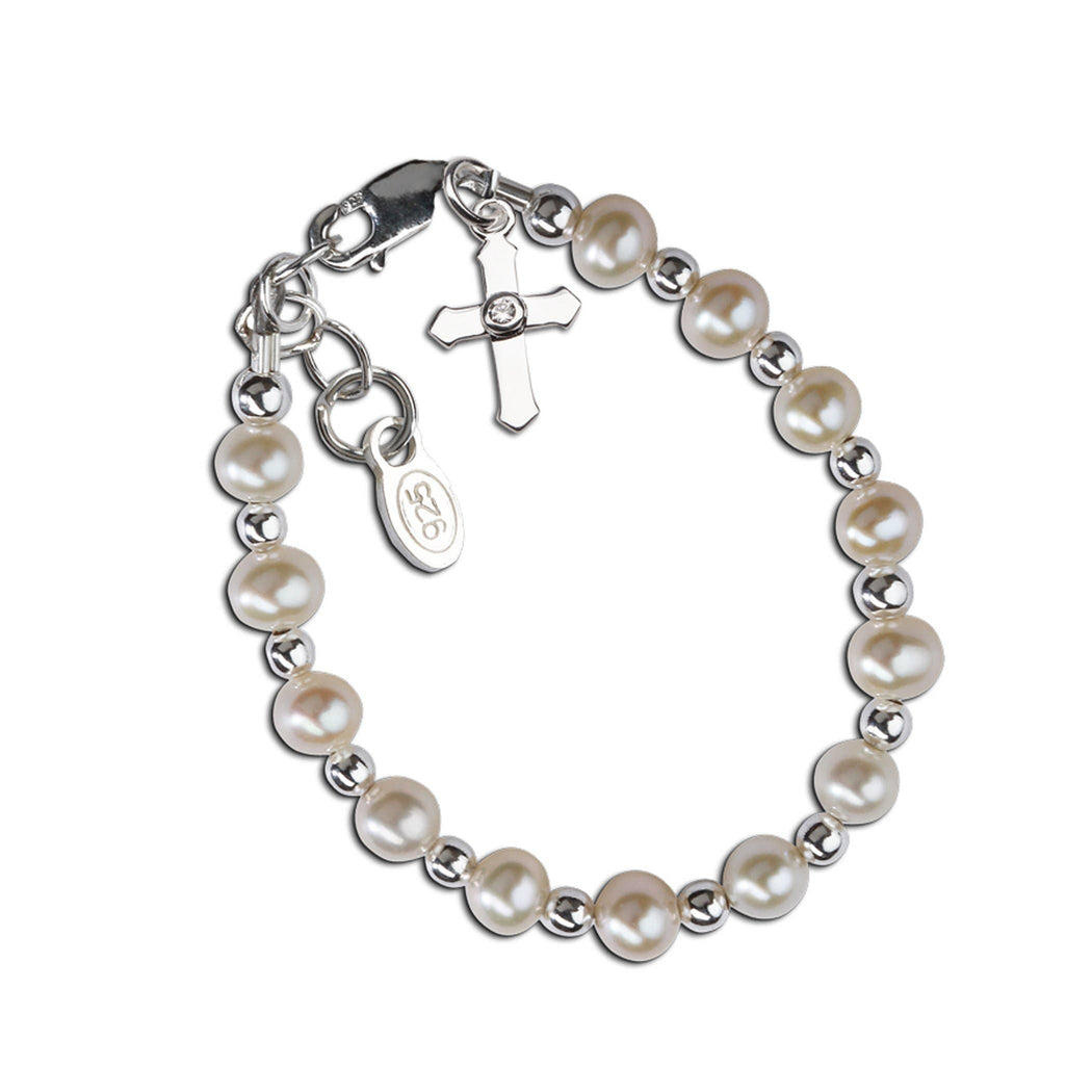 Sterling Silver Freshwater Pearl Cross Baptism Bracelet - Nenes Lullaby Boutique Inc